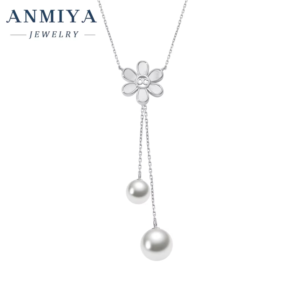 ANMIYA Women'S Long Tassel Pearl Zircon Flower Necklace Silver Plated 925 Silver Chain Style for Wedding Engagement