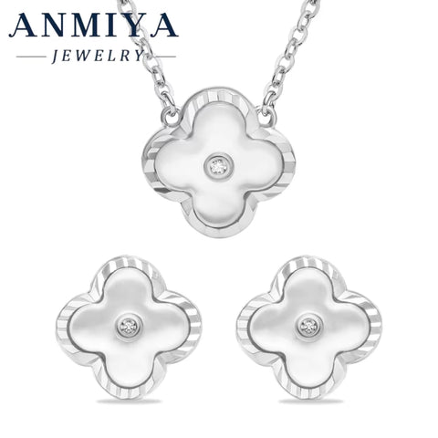 Hypoallergenic Lucky Clover Motif Silver 925 Set with Centered Zircon Inlay Necklace and Earring Sets for Jewelry Lovers