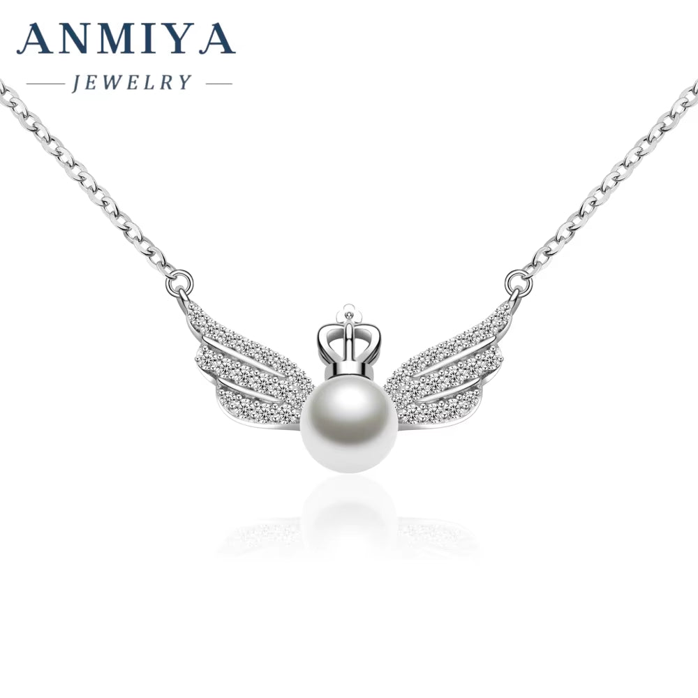 ANMIYA Crown Wing Couple Necklace Fresh Water Pearls 100% 925 Silver Fashion Chains Necklaces for Girlfriend