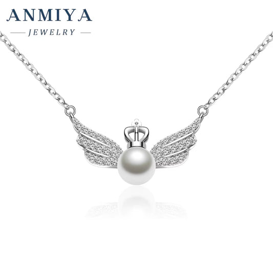 ANMIYA Crown Wing Couple Necklace Fresh Water Pearls 100% 925 Silver Fashion Chains Necklaces for Girlfriend