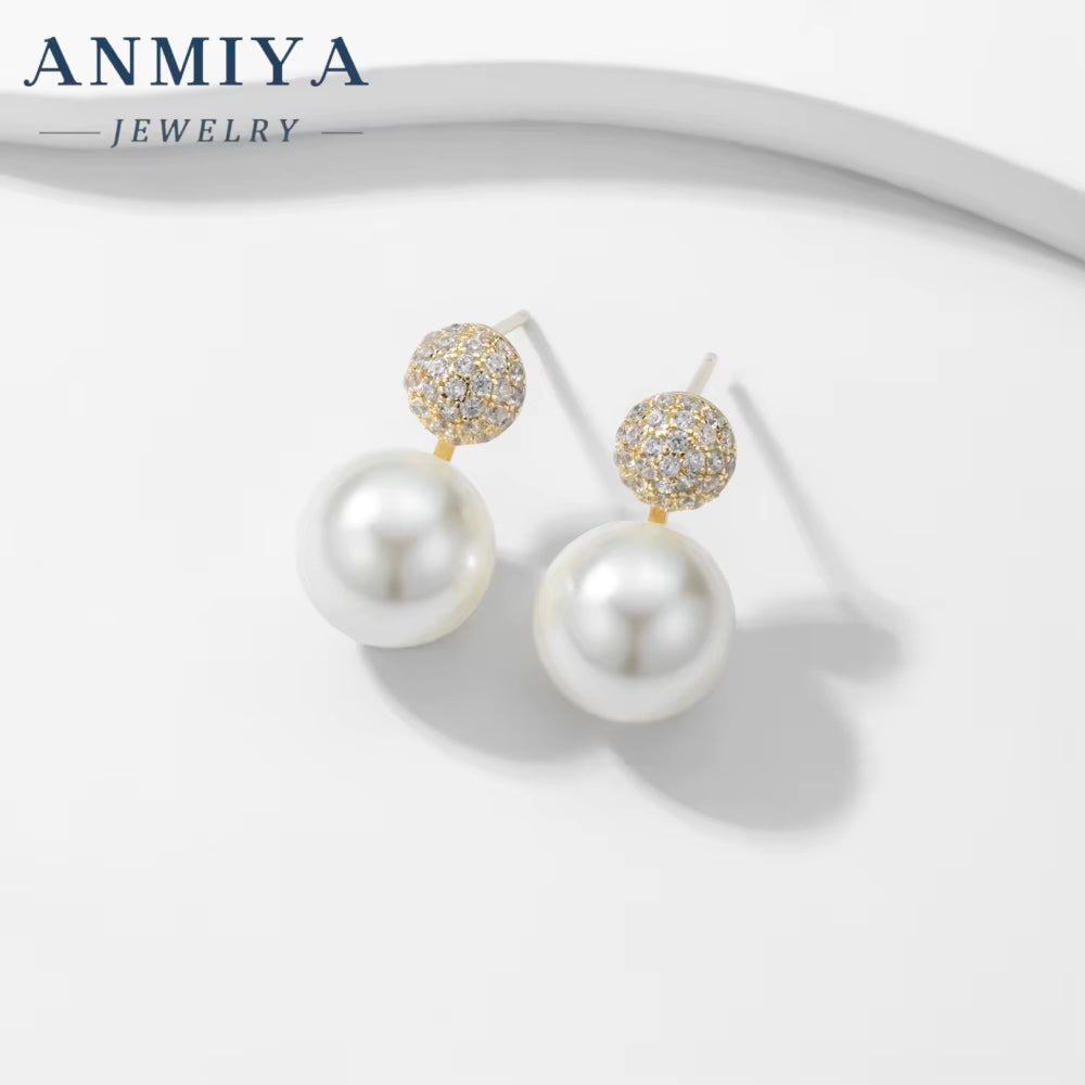 ANMIYA 14K Gold Plated Zircon Pearl Stud Earrings Set Fashionable Freshwater Pearl Earrings Earrings for Women