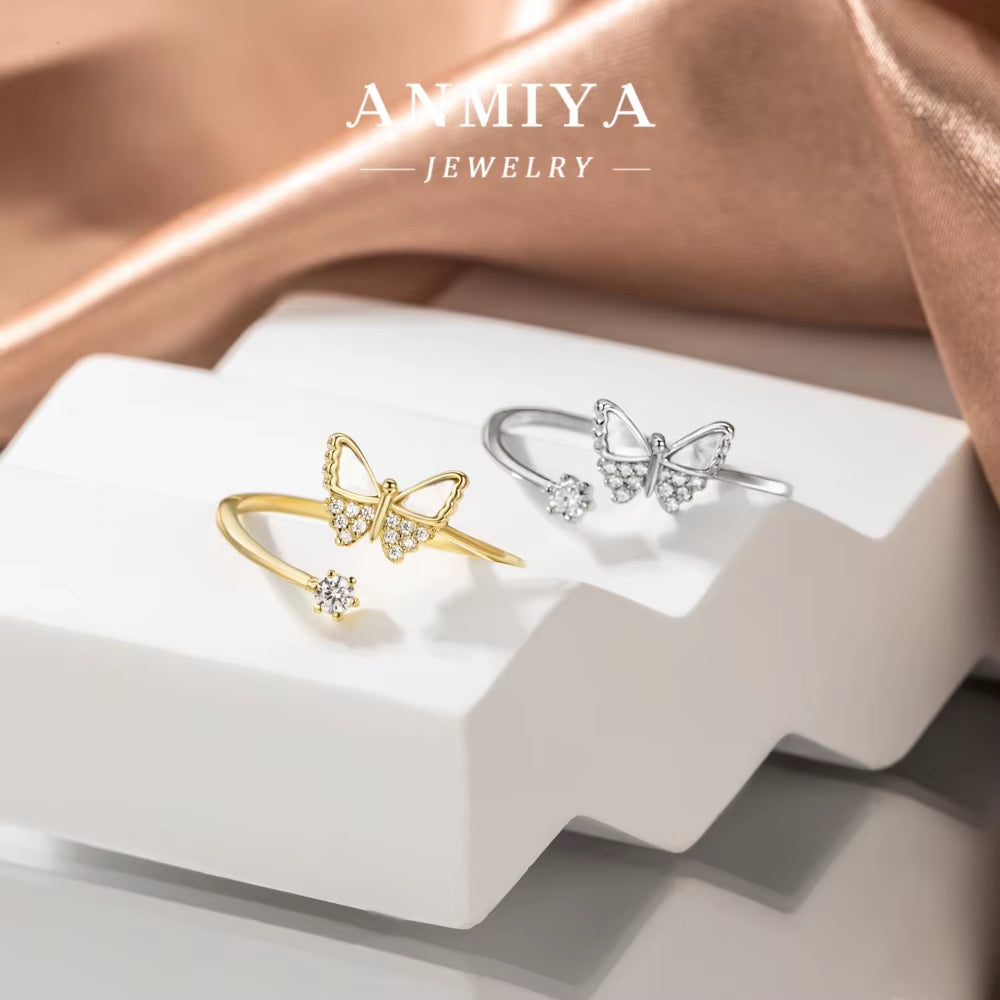 Trendy S925 Silver Rhodium 18K Gold Plated Moissanite Diamond Multiple Layer 5A Cubic Zircon Butterfly Adjustable Jewelry Ring