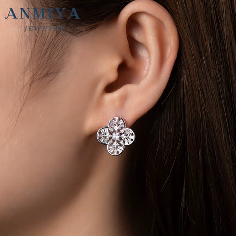 High End Rhodium Plated Zirconium Four Leaf Clover Set S925 Sterling Silver Necklace Earrings Set Jewelry