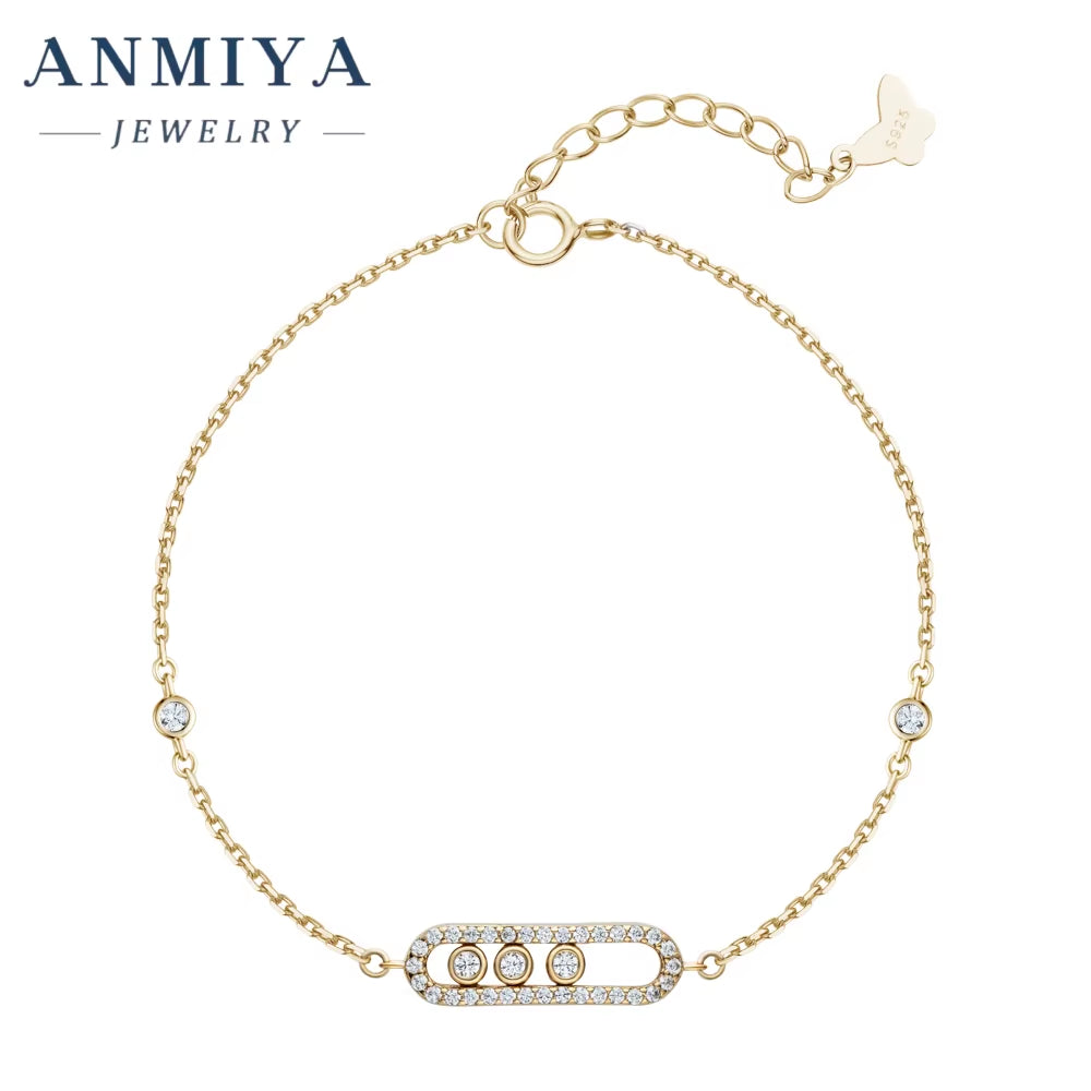 ANMIYA 925 Sterling Silver Bracelet Elegant Sliding Oval Design Sparkling Zircon Stones Perfect Necklace for Women