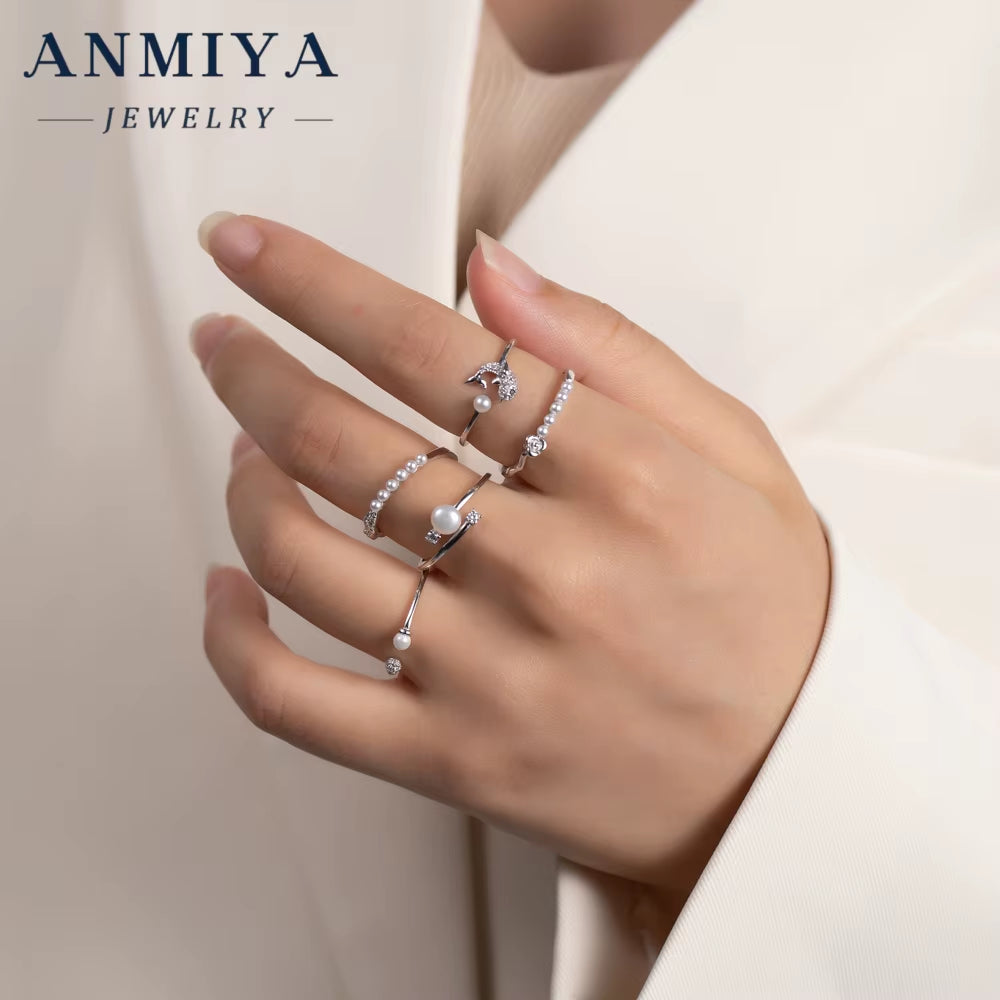 ANMIYA 925 Sterling Silver Freshwater Pearl Rings Set with Cubic Zirconic Open Ring for Lady