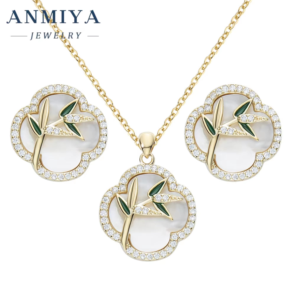 2024 Fashion Hot Sell New Simple Necklace Earrings Jewelry Set 925 Silver Bamboo Clover Jewelry for Women
