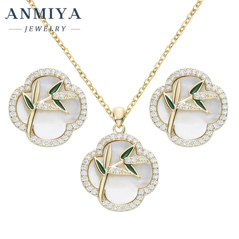 2024 Fashion Hot Sell New Simple Necklace Earrings Jewelry Set 925 Silver Bamboo Clover Jewelry for Women