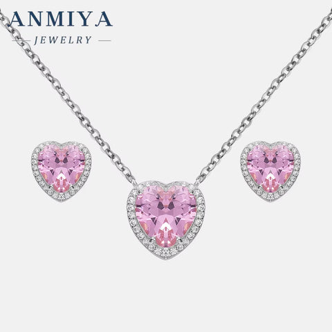 ANMIAY New Fine 925 Silver Heart Zircon Necklace Pink Crystal Stud Earrings Luxury Earrings Necklace Set for Women