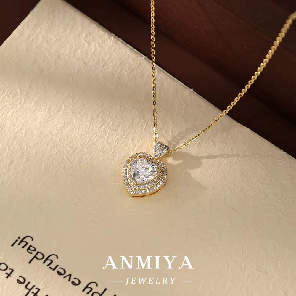 ANMIYA 18K Gold Plated Bling Diamond Small Heart Shape 925 Silver Love Forever Necklace for Mom Valentine'S Day