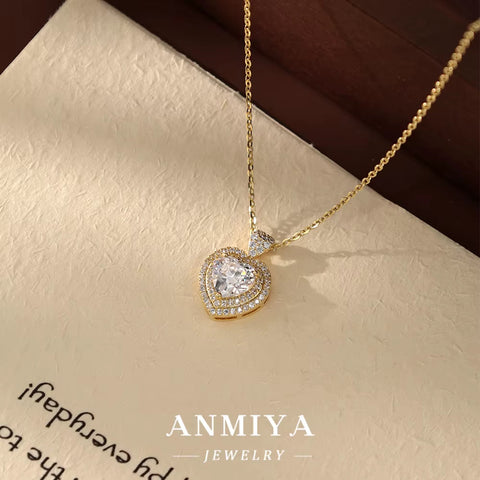 ANMIYA 18K Gold Plated Bling Diamond Small Heart Shape 925 Silver Love Forever Necklace for Mom Valentine'S Day