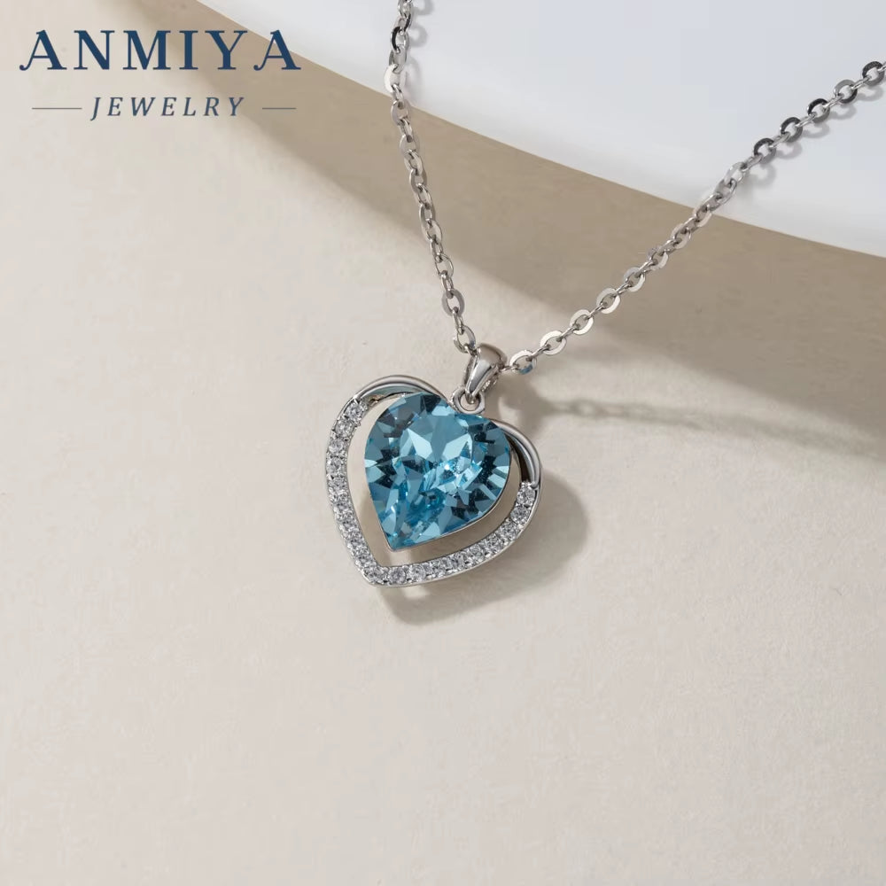 ANMIYA Delicate 2 Set Sapphire Heart Earrings Sparkling Cubic Zirconia CZ Blue Ocean Heart Necklace Jewelry Set