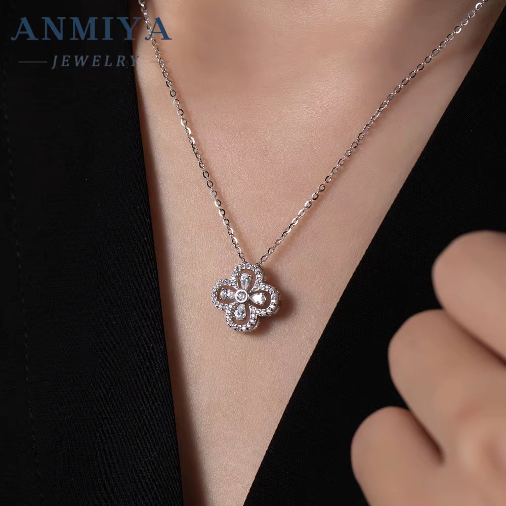 ANMIYA 18K Gold Plating Women'S Necklace Double-Sided Four Leaf Clover Pendant of 925 Sterling Silver