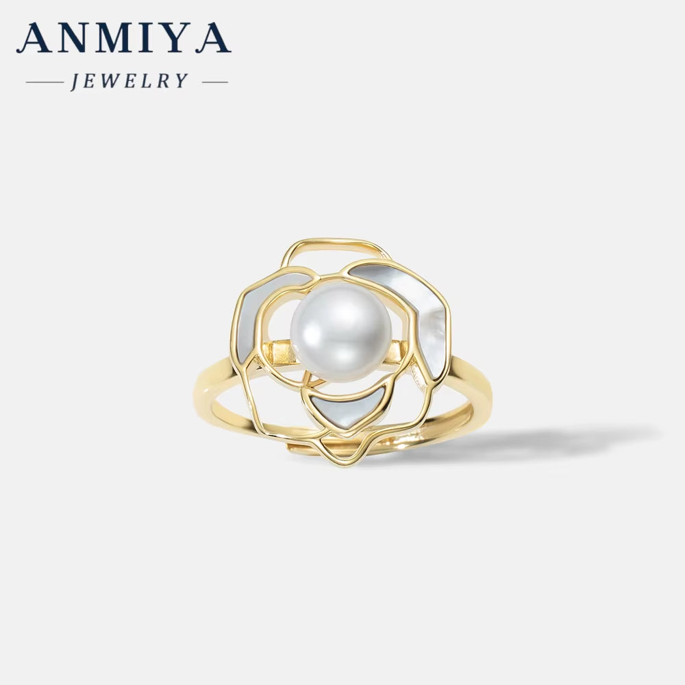 New Trendy 925 Sterling Silver Pearl Flower Butterfly Ring 18K Gold Plated Flower Rings for Lady Women Anniversary Gift