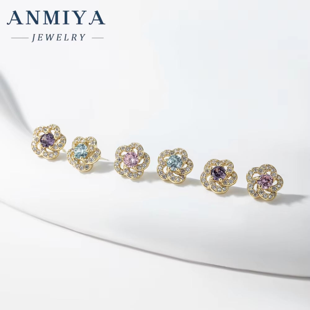 ANMIYA 2024 Flower-Shaped Stud Earrings Fashionable 925 Silver Fine Jewelry Earrings Three Zircon Flower Earring