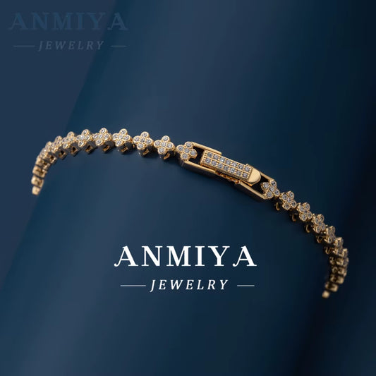 ANMIYA Women'S 925 Silver Fashion Bracelet Inlaid Four Leaf Clover Zircon Tennis Chain Waterproof Clover Bracelet