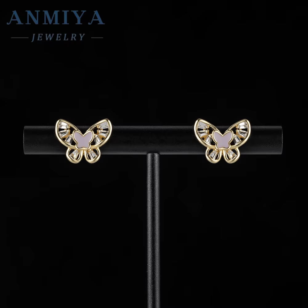 ANMIYA Pink Butterfly Piercing Earrings Silver 925 Pearl Zircon Stud Earrings for Women
