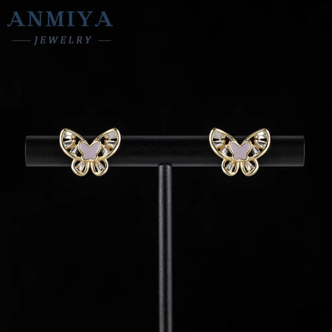 ANMIYA Pink Butterfly Piercing Earrings Silver 925 Pearl Zircon Stud Earrings for Women