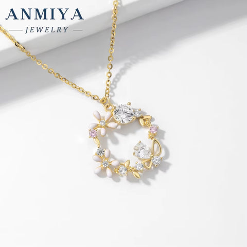 ANMIYA Best Selling Wholesale Flower and Zircon Garland Shape Zirconia 925 Silver Necklace Earrings Set for Women