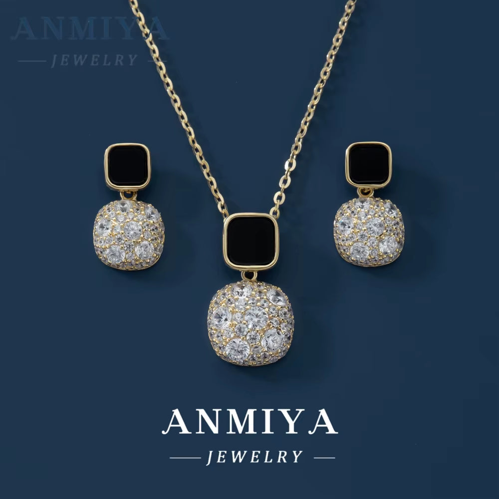 Women Earrings Black Zircon Necklace Rings Sets Square Pendant Necklaces Luxury Wedding Jewelry Set