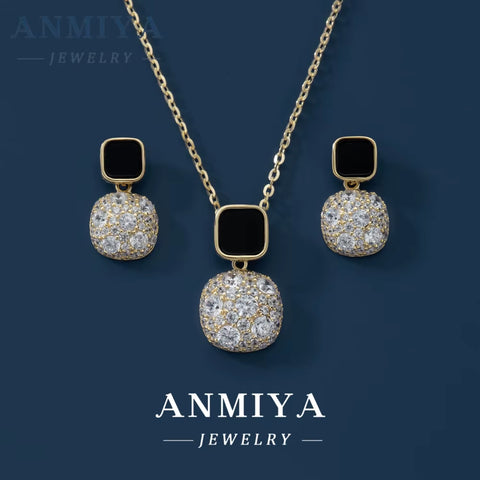 Women Earrings Black Zircon Necklace Rings Sets Square Pendant Necklaces Luxury Wedding Jewelry Set