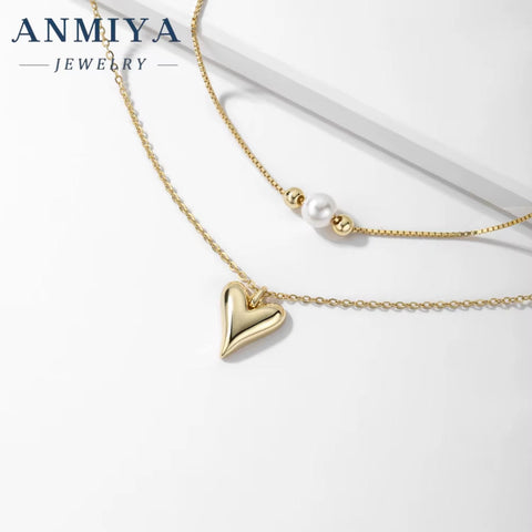 Fashionable Pearl Love Pendant 925 Silver Necklace Gold Plated Heart Double Layer Chain Necklace for Women Party Jewelry