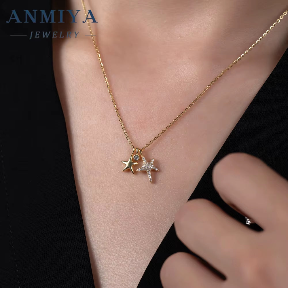 ANMIYA Fashionable 925 Sterling Silver 18K Gold Plated High Quality Zircon Stone Starfish Star Necklace Choker for Women