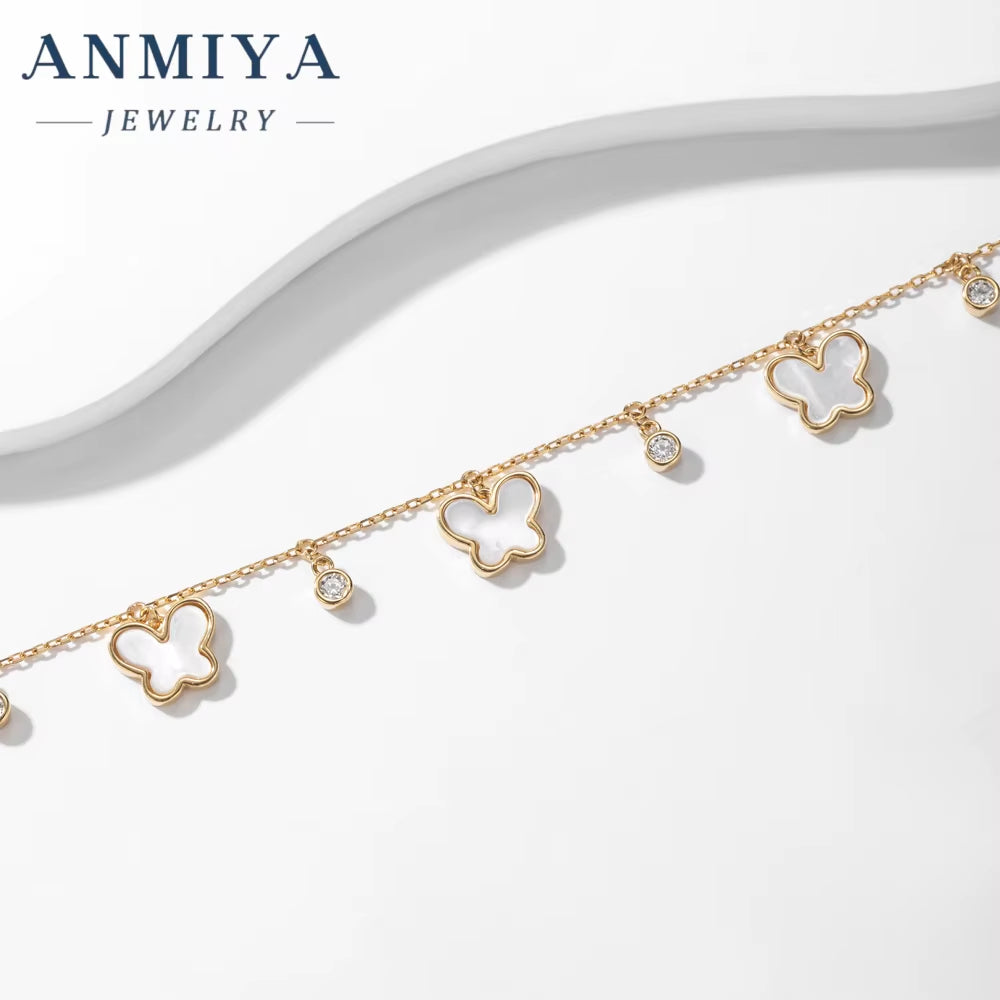 ANMIYA Fashionable White Shell Butterfly Shape Zircon Gold Plated Sterling 925 Silver Designer Bracelets