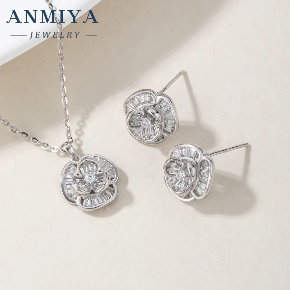 Wholesale Fashion Jewelry 925 Silver Clover Zircon Flower Pendant Necklace and Earrings Jewelry Sets Women