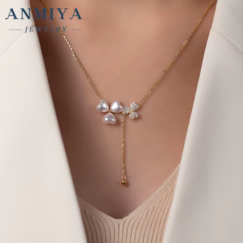Fashion Elegant Pearl Flower Tassel Necklace 18K Gold Plated Zircon Temperament Clavicle Chain INS Popular Women'S Jewelry