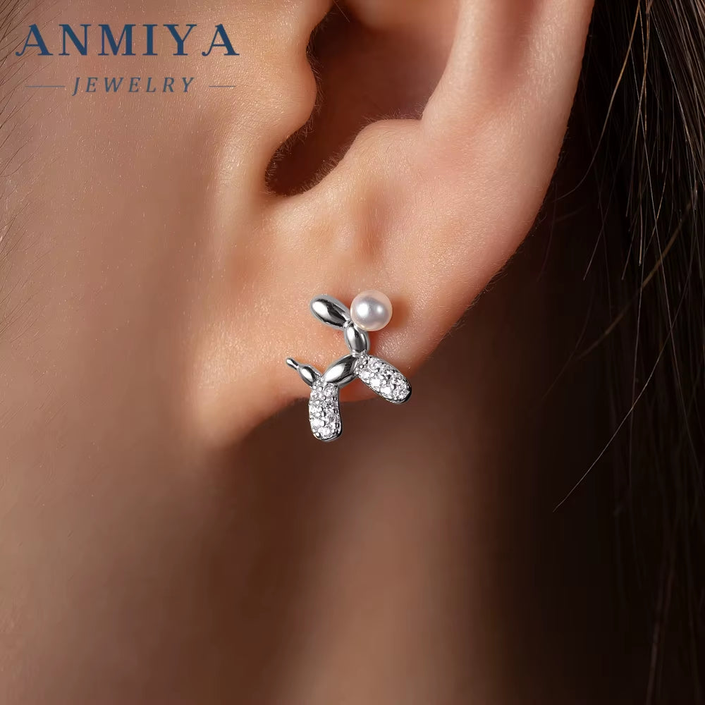 Cute Puppy Dog Drop Earrings 925 Sterling Silver Pearl Inlay Balloon Animal Jewelry Wholesaler Stud Earrings