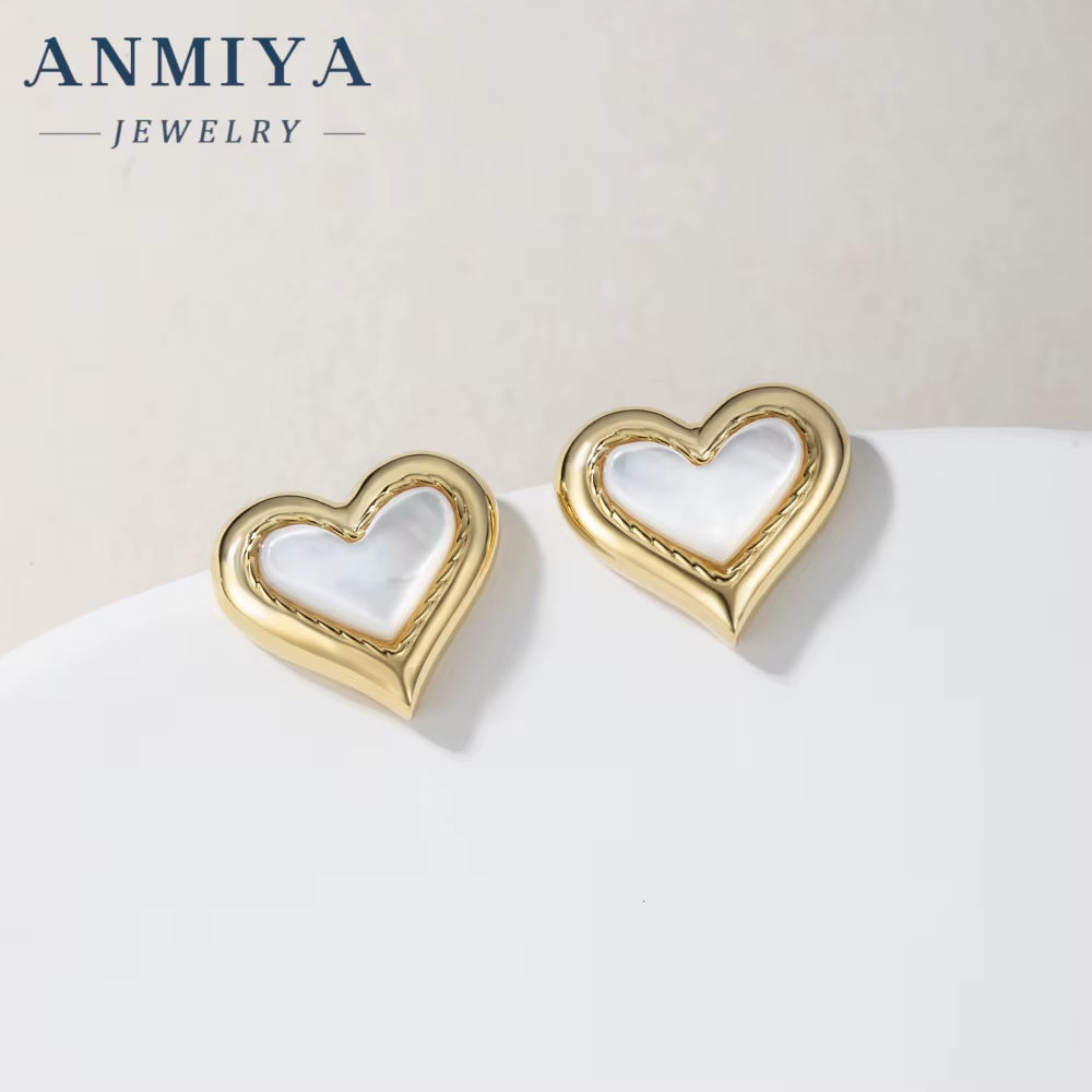 ANMIYA Minimalist Luxury 18K Gold Heart White Shell Gold Plated Necklace Earrings Set 925 Silver for Women