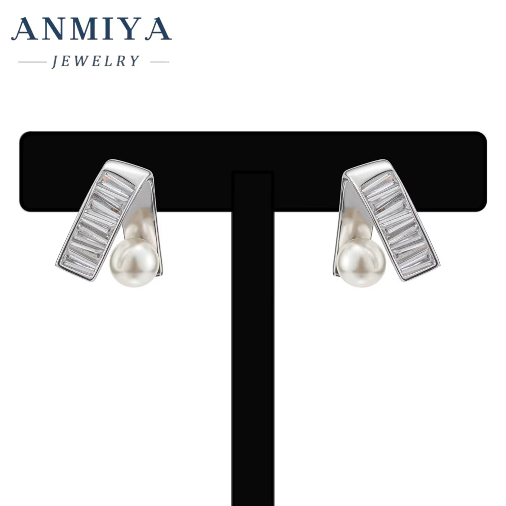 ANMIYA Unique Elegant Sterling Silver Trendy Pearl Earrings ZC Bridal Stud Earrings