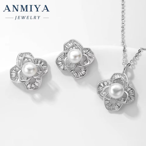 Topsale Fine Pearl 18K Gold Plated Flower Necklace and Earring Jewelry High Quality 925 Sterling Silver Gift Set