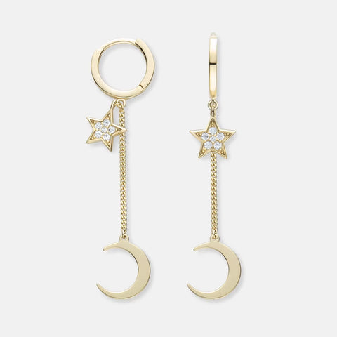 Topsale 18K Gold Plated 925 Sterling Silver Jewelry Fine Moon Star Dangle Pave Blue Zircon Hoop Tassel Chain Earrings