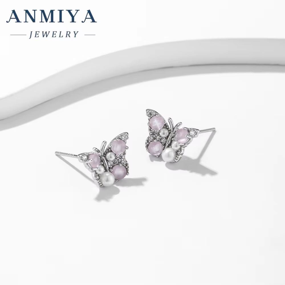 ANMIYA Wholesale Luxury Female Butterfly Shape Pink Pearl Stud Earrings for Girls