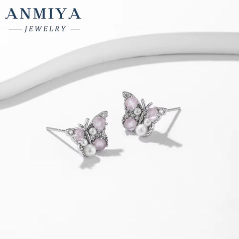 ANMIYA Wholesale Luxury Female Butterfly Shape Pink Pearl Stud Earrings for Girls