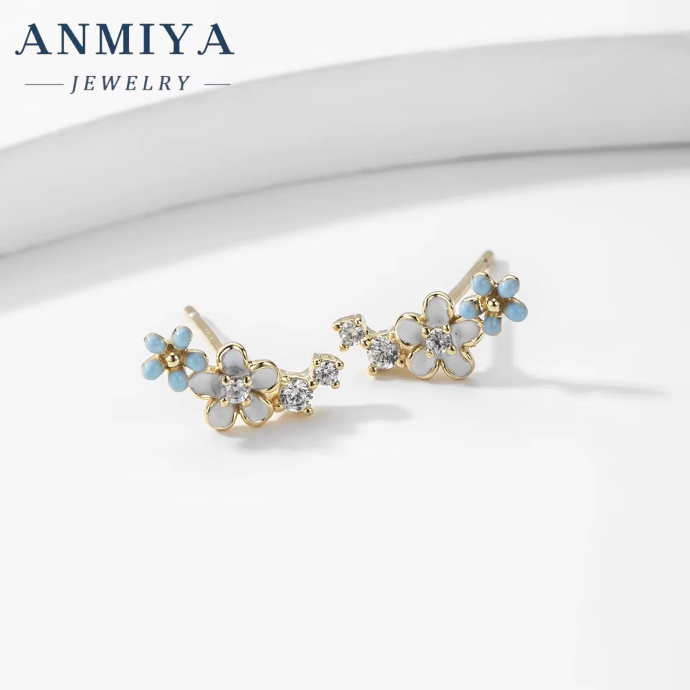 INS Summer Fancy Blue Flower Zircon 925 Sterling Silver Stud Earrings for Women Girls