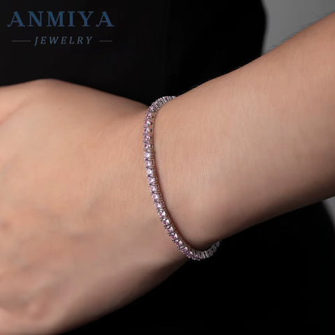 ANMIYA Custom Trendy 925 Silver Zircon Tennis Chain Bracelet Pink & Blue Iced CZ Bracelet Hip Hop Jewelry Gift Hand Chain