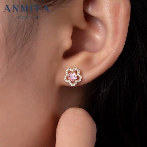 ANMIYA Inoxidable Luxury Pink Zirconia Four Leaf Clover Necklace Set Earrings for Women Wholesale Jewelry Fashion