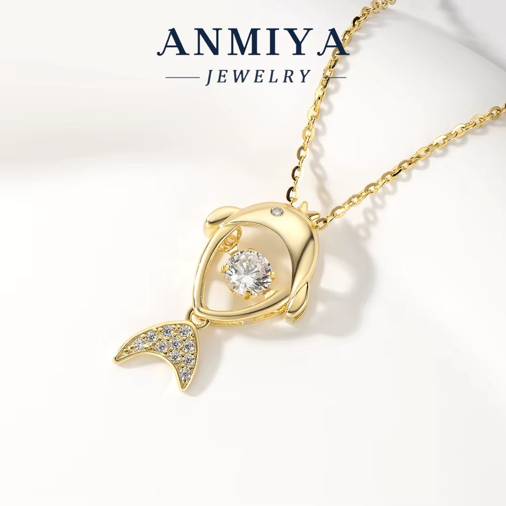 ANMIYA Custom Fine Jewelry Fish Pendant Zircon Necklaces 18K Gold Plated Unique 925 Silver Ladies Necklaces