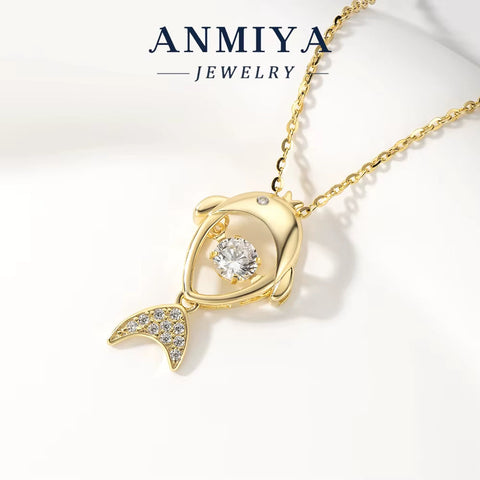 ANMIYA Custom Fine Jewelry Fish Pendant Zircon Necklaces 18K Gold Plated Unique 925 Silver Ladies Necklaces