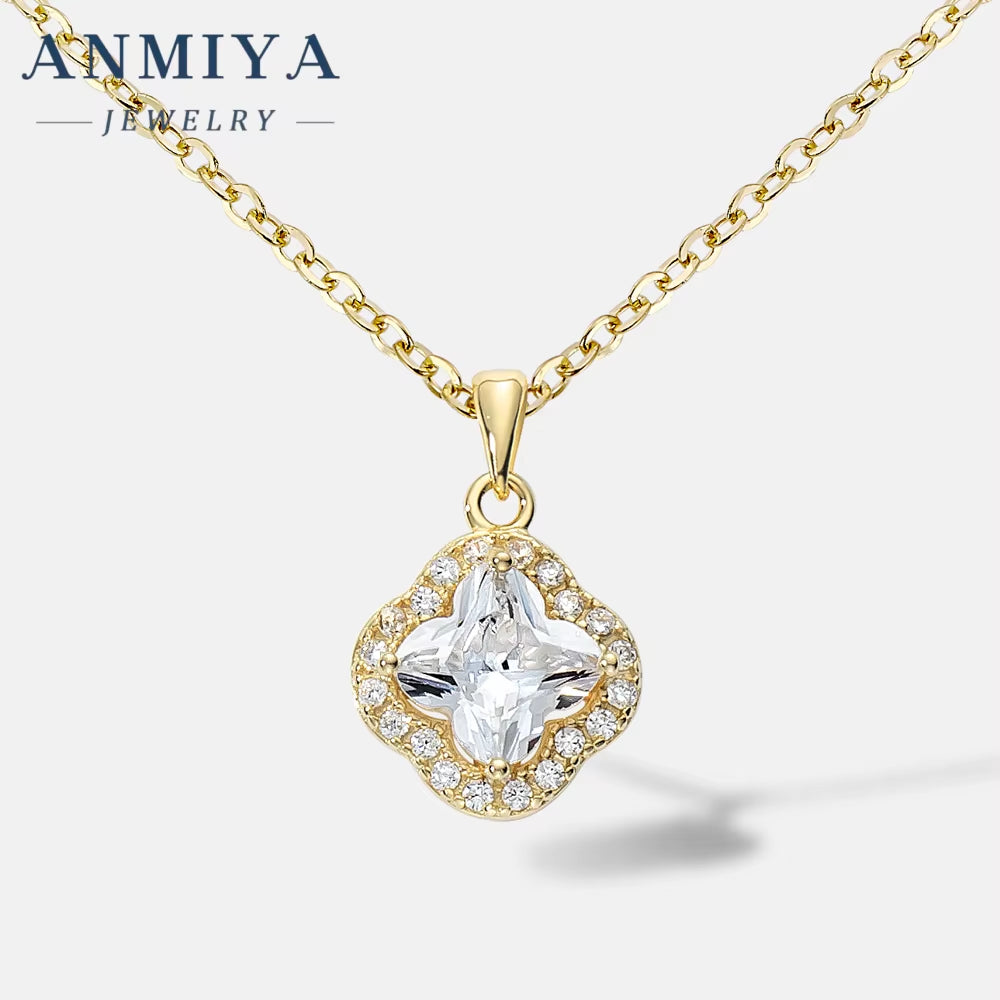 ANMIYA CUSTOM OEM Fine Jewelry Zircon 925 Sterling Silver Four Leaf Clover Flower Romantic Pendant Women Necklaces