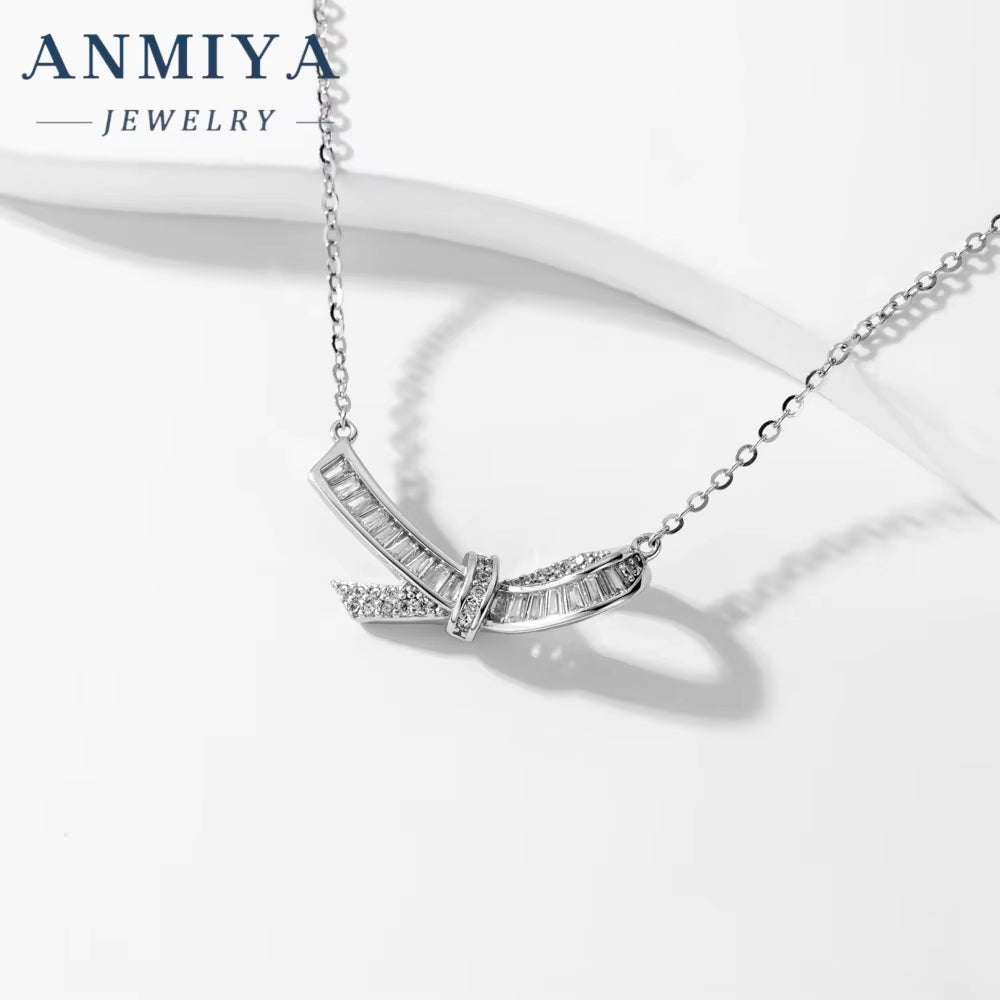 ANMIYA High Quality Original Silver 925 Chain Pendant Real Cubic Zircon Bow Necklace for Women Girls