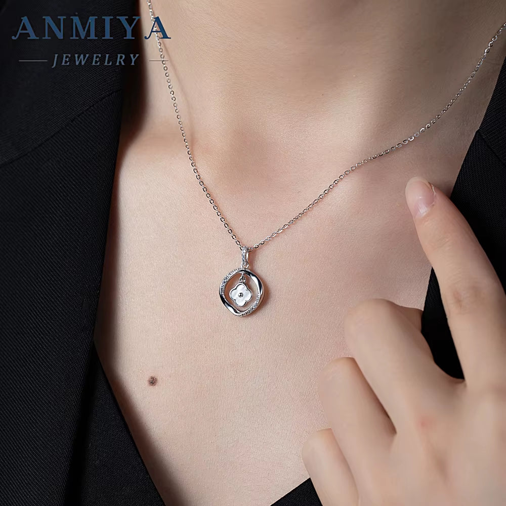 ANMIYA Jewelry 925 Silver Wholesale round Hollow Flower Exquisite Necklace Elegance Woman Four Leaf Clover Necklaces