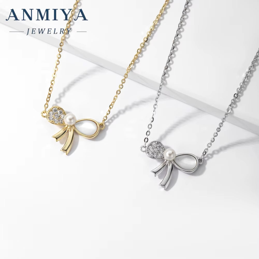 ANMIYA Trendy Jewelry Bow Necklace 925 Silver Bowknot Pendant Necklace Diamond White Shell Butterfly Necklace for Women