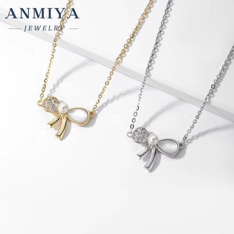 ANMIYA Trendy Jewelry Bow Necklace 925 Silver Bowknot Pendant Necklace Diamond White Shell Butterfly Necklace for Women
