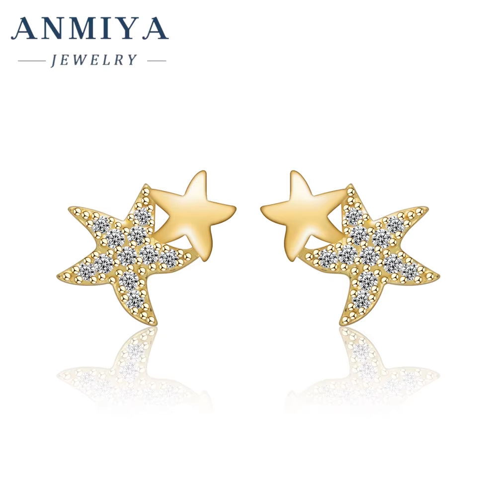 New Dainty Geometric Sea Star Dissymmetry Stud Earring for Women 18K Gold Plated 925 Silver Jewelry