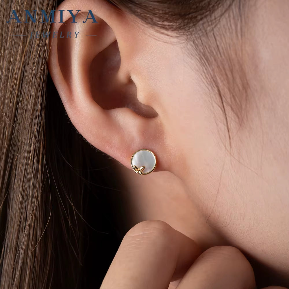 ANMIYA Fashionable 925 Sterlings Silver Designer Minimalist White Shell Butterfly Earrings for Women