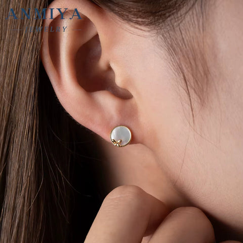 ANMIYA Fashionable 925 Sterlings Silver Designer Minimalist White Shell Butterfly Earrings for Women