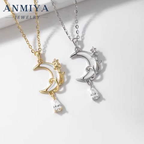 Fashion Zircon Diamond Moon Pendant Necklace Star and Moon Necklace Crescent 925 Sterling Silver Moon Necklace
